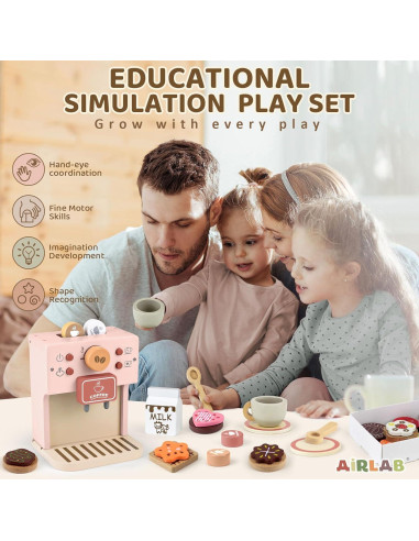 Juego de Café Airlab Rosa para Niños - Cafetera de Madera