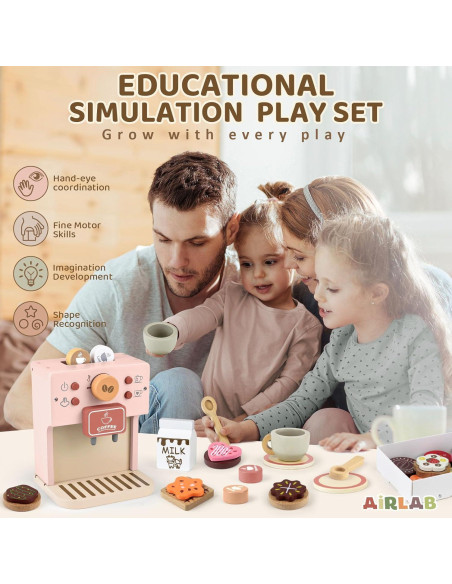 Juego de Café Airlab Rosa para Niños - Cafetera de Madera