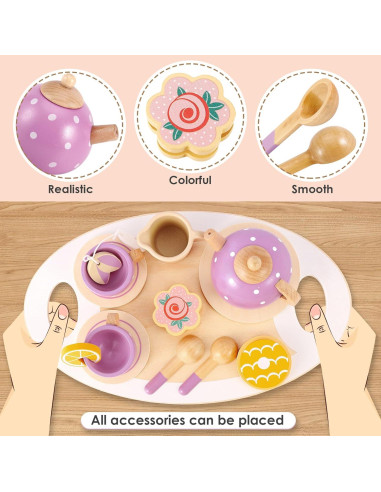 Juego de Té de Madera BUYGER para Niños 3 a 5 Años