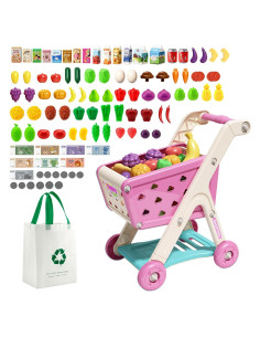 Juego de Carrito de Compras Jovow 98 Piezas Rosa para Niños