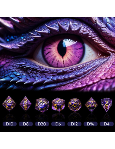Juego de Dados DND Resina Ojo de Dragón 7 Piezas Púrpura