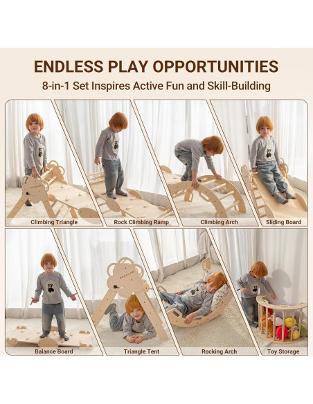 COSYLAND Conjunto Triángulo Pikler 8 en 1 Madera Natural
