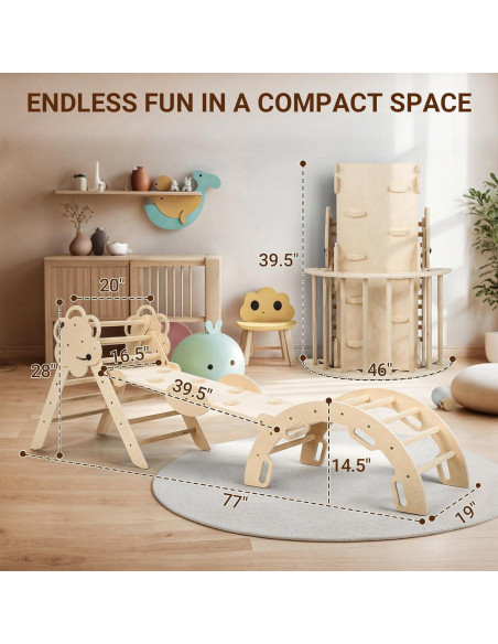 COSYLAND Conjunto Triángulo Pikler 8 en 1 Madera Natural