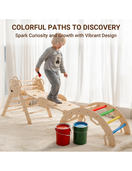 COSYLAND Conjunto Triángulo Pikler 8 en 1 Madera Natural