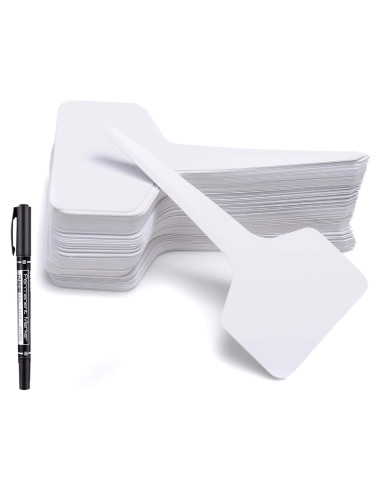 100 Etiquetas de Jardín MIHEY Tipo T con Bolígrafo Blancas 6x10cm