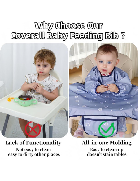 Babero de Comida MOTEERLLU para Bebés - Mangas Largas Gris