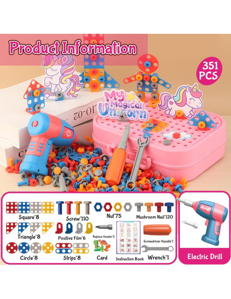 Set de Juguetes de Taladro Unicornio AquaArcc 351 Piezas Set de Juguetes de Taladro Unicornio AquaArcc 351 Piezas
