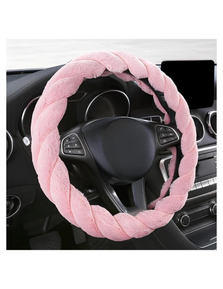 Cubierta de Volante de Auto MUQIDA Peluda 38 cm Rosa