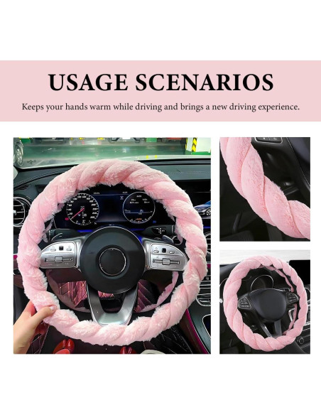 Cubierta de Volante de Auto MUQIDA Peluda 38 cm Rosa