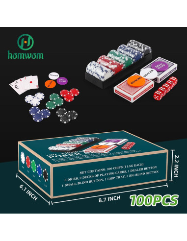 Juego de Fichas de Póker 100PCS Homwom en Caja de Cartón