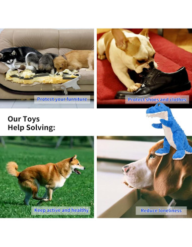 DODODOLA Juguete para Perros Dinosaurio Azul Squeaky 16.5cm