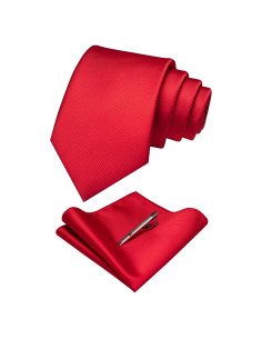 Conjunto Corbata Sólida Rojo + Pañuelo + Clip Hombres