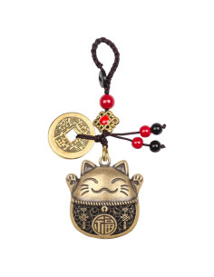 Llave de Gato de la Suerte Maneki Neko de Latón con Monedas Feng Shui