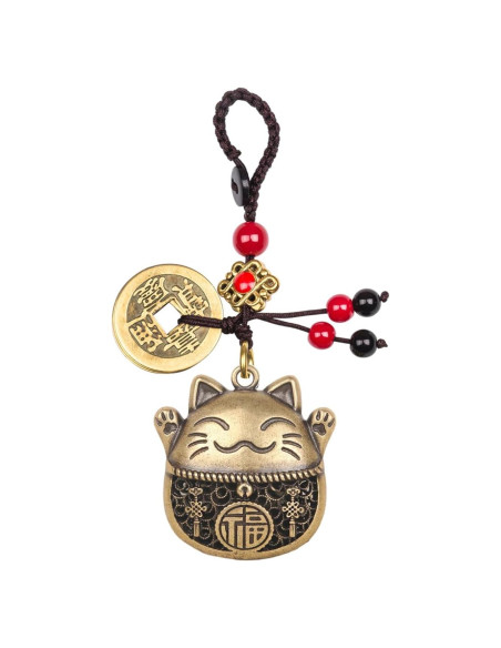 Llave de Gato de la Suerte Maneki Neko de Latón con Monedas Feng Shui