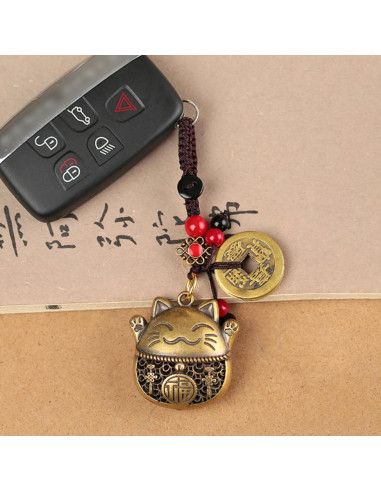 Llave de Gato de la Suerte Maneki Neko de Latón con Monedas Feng Shui