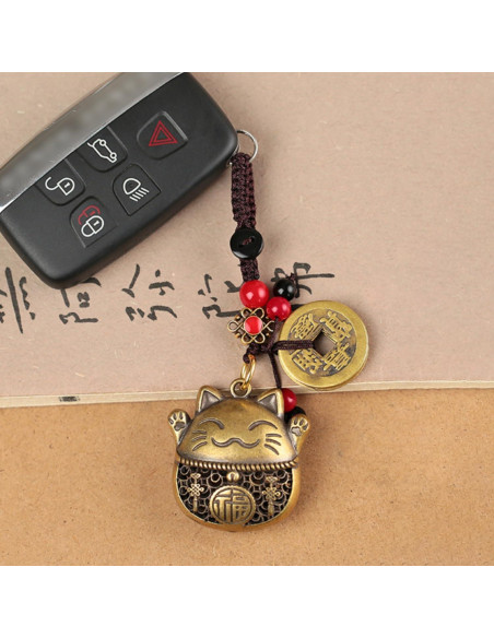 Llave de Gato de la Suerte Maneki Neko de Latón con Monedas Feng Shui
