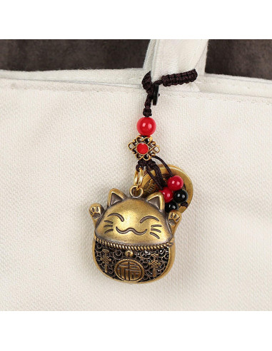 Llave de Gato de la Suerte Maneki Neko de Latón con Monedas Feng Shui