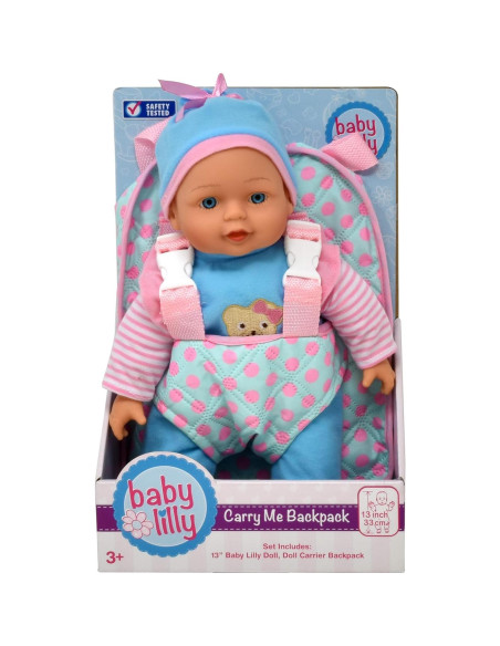 Muñeca de bebé suave 33 cm Dolls to Play con mochila rosa