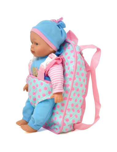 Muñeca de bebé suave 33 cm Dolls to Play con mochila rosa