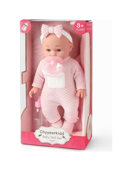 Muñeca 30 cm Chyyeerkidd con chupete y biberón rosa