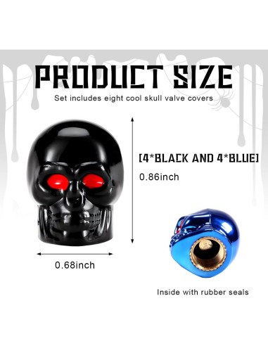 Tapa de Válvula Estilo Calavera Yourkar 8 Piezas Negro+Azul