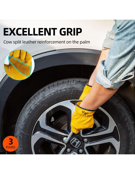 Guantes de Trabajo Vgo de Cuero de Vaca - 3 Pares Oro L