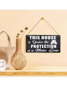 Cartel de Madera Qious Casa Protegida por Gato Maine Coon 15x30 cm 2