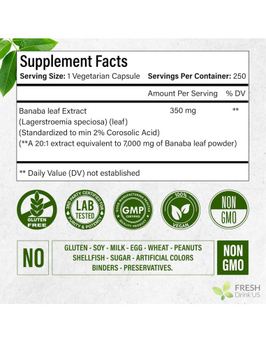 Cápsulas de Banaba FRESHDRINKUS 250 Unidades 350mg Veganas