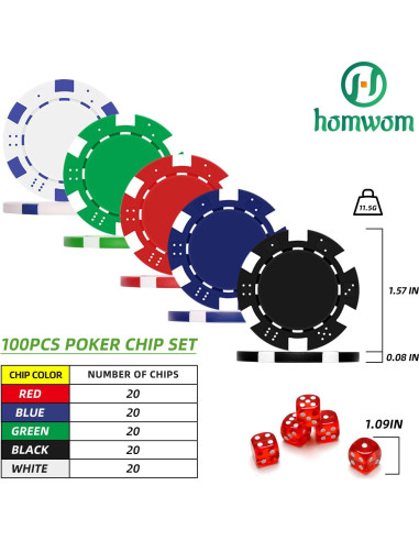 Juego de Fichas de Póker Homwom 100PCS 11.5g en Caja de Cartón
