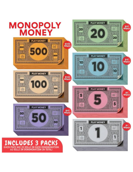 Dinero de Juego Oreven 60 Billetes Colores Mixtos 3 Set Dinero de Juego Oreven 60 Billetes Colores Mixtos 3 Set