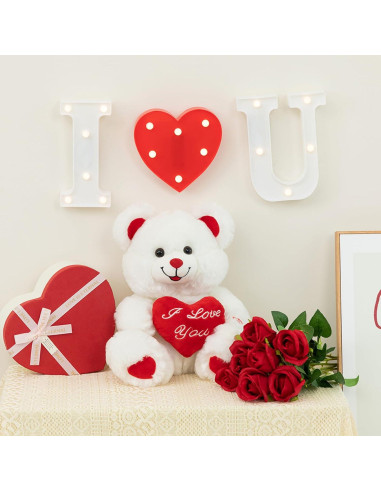 Oso de Peluche HollyHOME con Corazón LED 33 cm Blanco