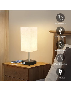 Lámpara de Mesa Woderdeng Táctil con 2 Puertos USB y Bombilla 2