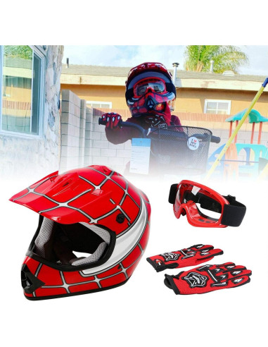 Casco SLMOTO DOT para Niños Rojo Araña + Gafas y Guantes