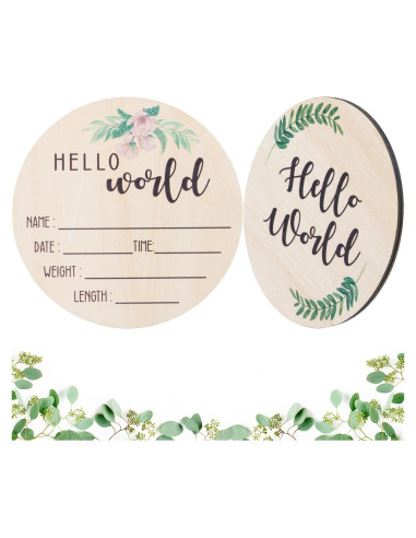 Cartel de Anuncio de Nacimiento de Madera Giftacity - Hola Mundo Floral
