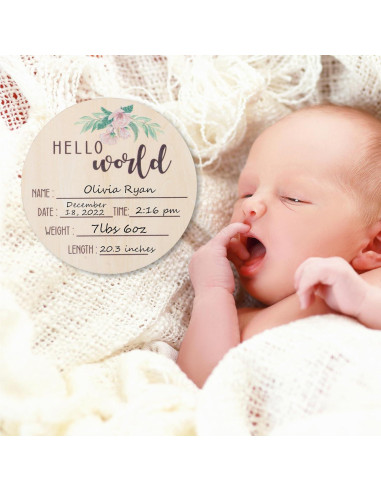 Cartel de Anuncio de Nacimiento de Madera Giftacity - Hola Mundo Floral