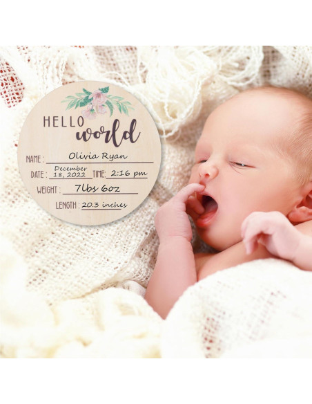 Cartel de Anuncio de Nacimiento de Madera Giftacity - Hola Mundo Floral