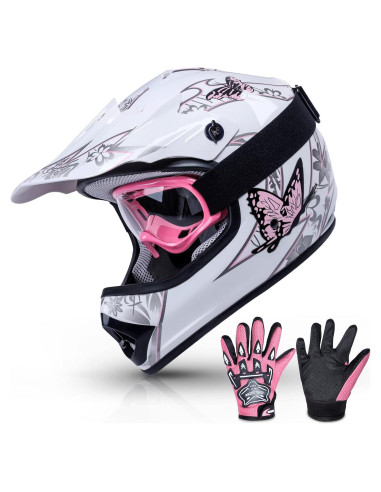 Casco SLMOTO para Niños Mediano Mariposa Rosa + Gafas + Guantes