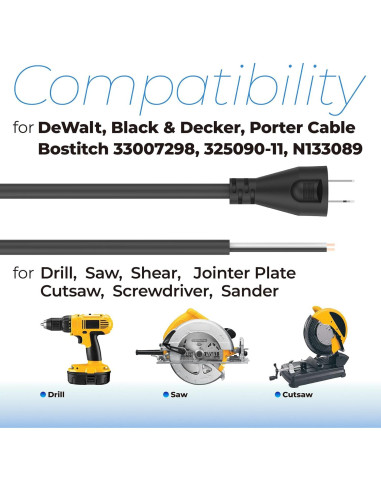 Cable de Poder 2 Hilos 18 AWG ANTOBLE 2.44m Compatible DeWalt