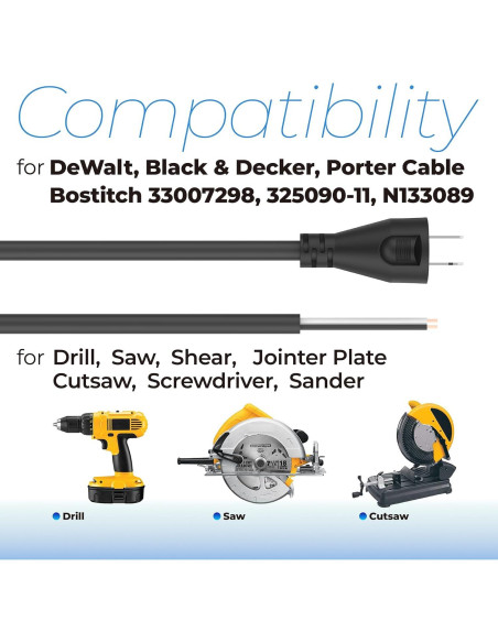Cable de Poder 2 Hilos 18 AWG ANTOBLE 2.44m Compatible DeWalt