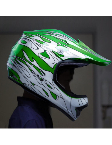 Casco SLMOTO Juvenil X-Grande Llama Verde + Gafas + Guantes