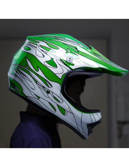 Casco SLMOTO Juvenil X-Grande Llama Verde + Gafas + Guantes