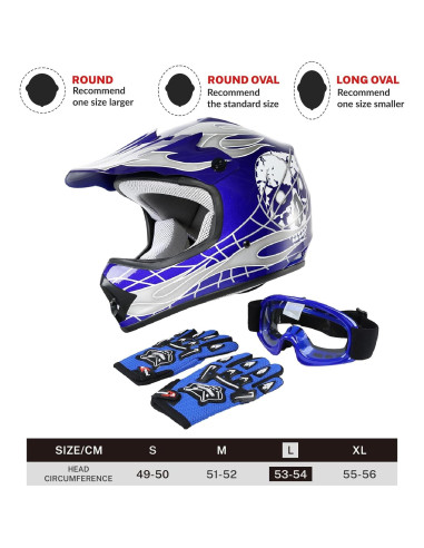 Casco SLMOTO Juvenil Motocross Calavera Azul + Gafas + Guantes