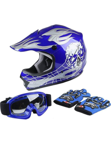 Casco SLMOTO Juvenil Motocross Azul Calavera + Gafas + Guantes Casco SLMOTO Juvenil Motocross Azul Calavera + Gafas + Guantes