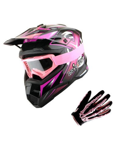 Casco de Motocross 1Storm HF801 Rosa + Gafas + Guantes