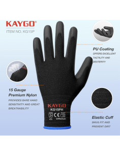 Guantes de Trabajo KAYGO KG15P PU 12 Pares XL Negro 2