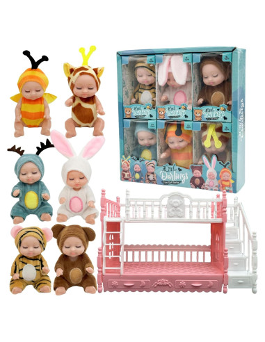 6 Mini Muñecas Bebé Adorables con Trajes de Animales y Cama