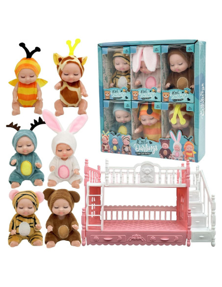 6 Mini Muñecas Bebé Adorables con Trajes de Animales y Cama