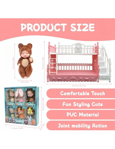 6 Mini Muñecas Bebé Adorables con Trajes de Animales y Cama