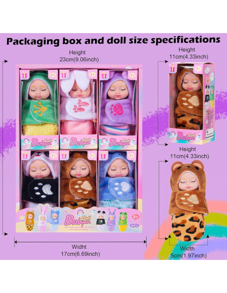 Paquete de 6 Mini Muñecas Bebé Dollbie 10 cm con Saco de Dormir