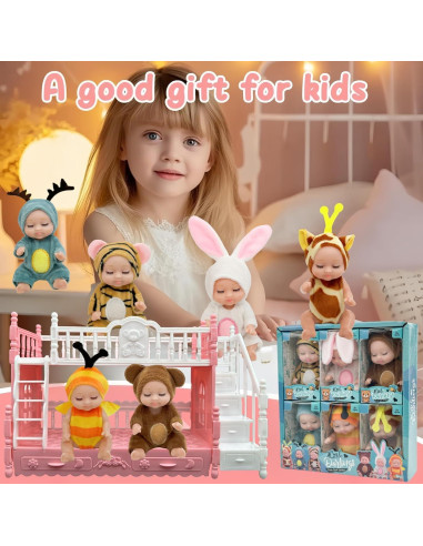 6 Mini Muñecas Bebé Adorables con Trajes de Animales y Cama
